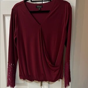 Thalia Sodi Burgundy Wrap Top with Lace Cuffs